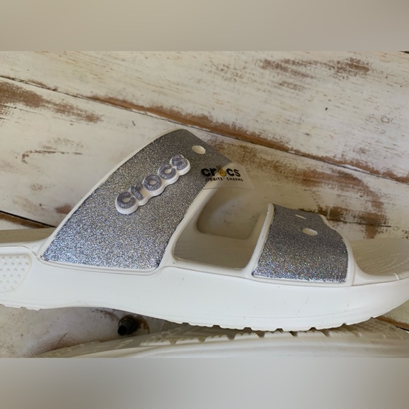 CROCS glitter sandals slides white silver NWOT women’s sz 11 - Picture 4 of 10